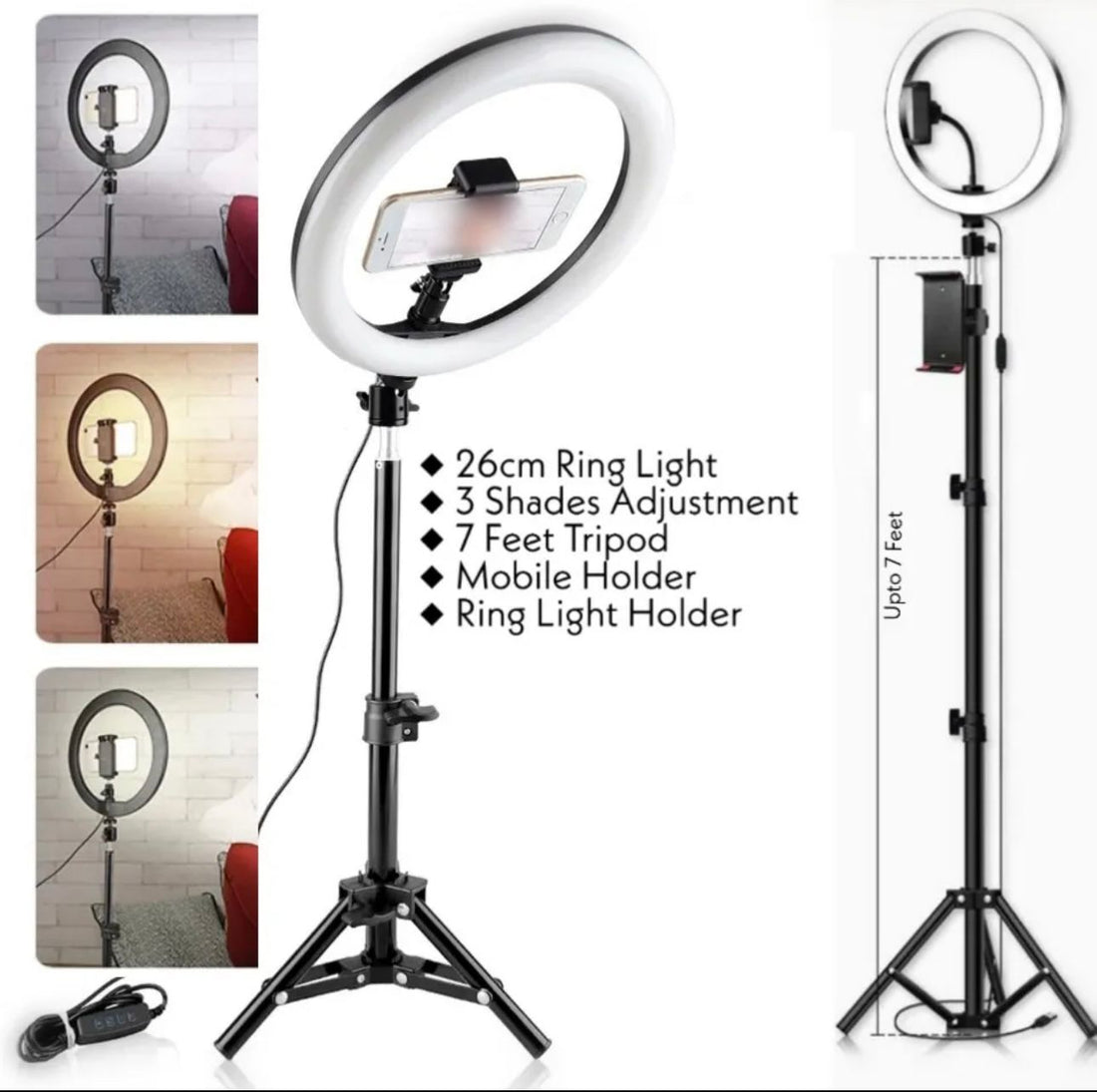 26cm Ring Light with 7ft Aluminium Tripod Stand & Mobile Holder (3 Shades in Light)
