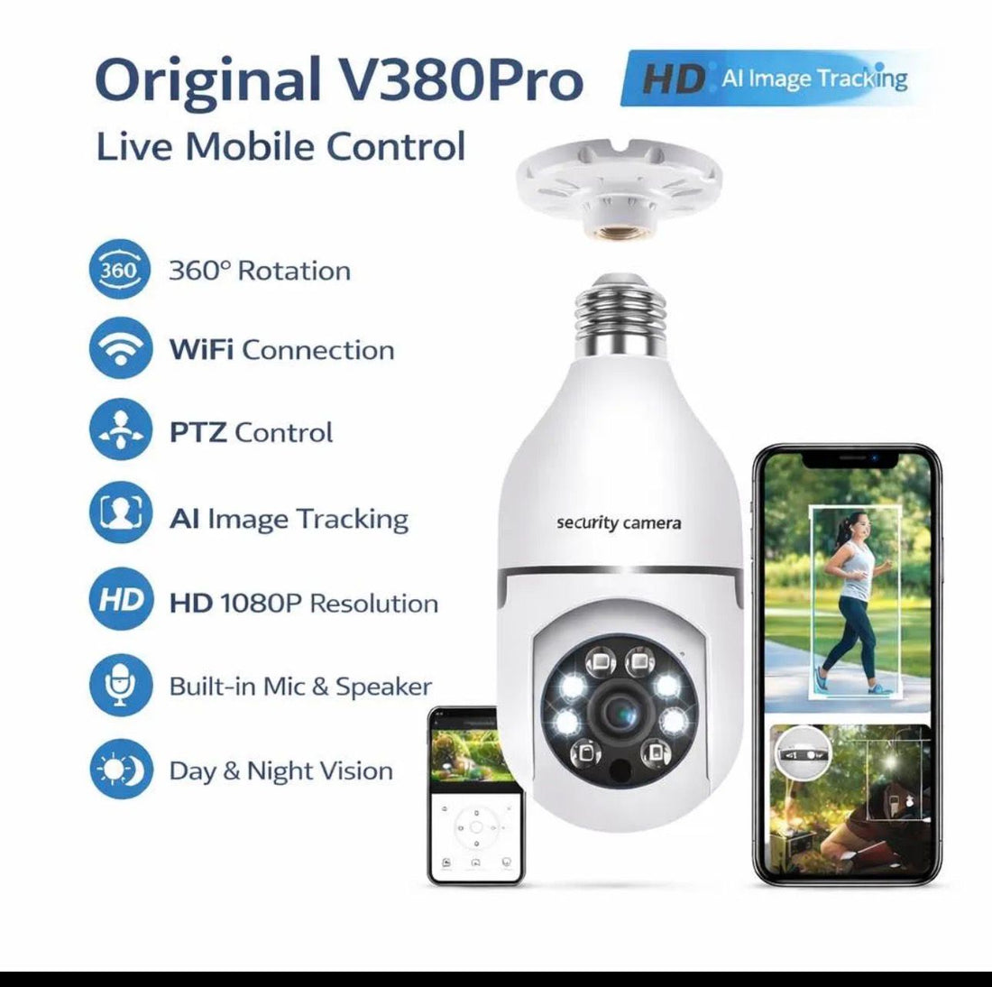 1080P WiFi Bulb Security Camera – 2MP PTZ 360° Camera with V380 Pro App